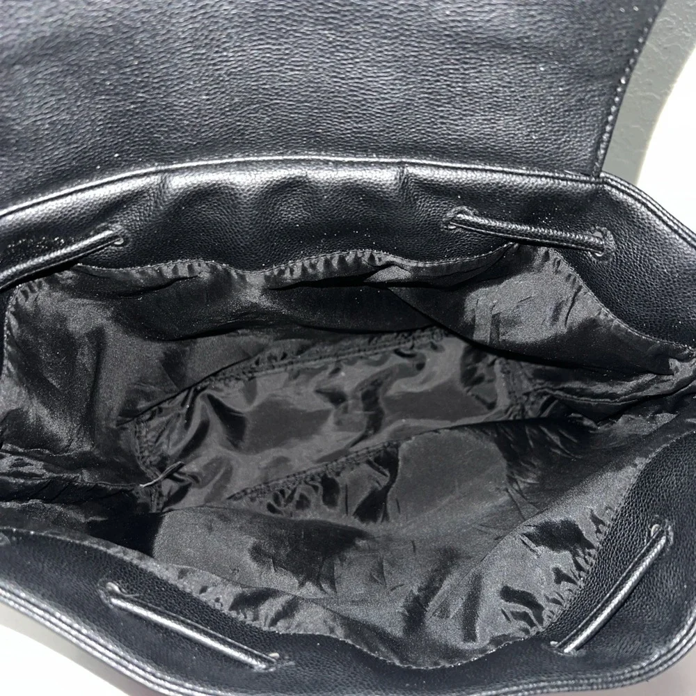 Victoria Secret Black Faux Leather Backpack Tote Bag Snap Close With Drawstring